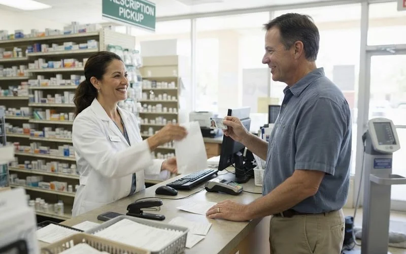 A pharmacist handing a labeled prescription bag across a counter to a customer, with a prescription record visible on a screen