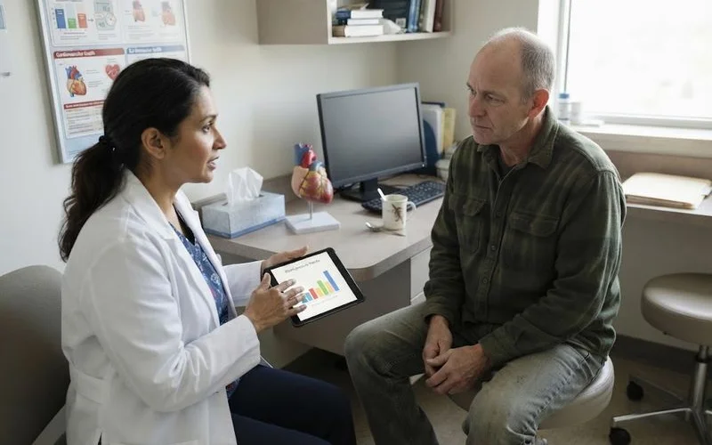 A clinician pointing to a chart of blood markers while a patient writes questions in a notebook during a consultation
