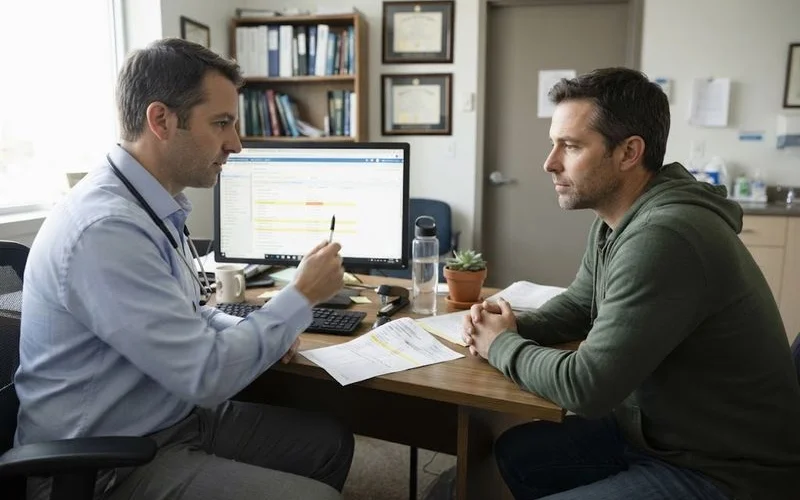 A clinician and patient sitting across a desk reviewing a printed lab report together in a calm, well-lit consultation room
